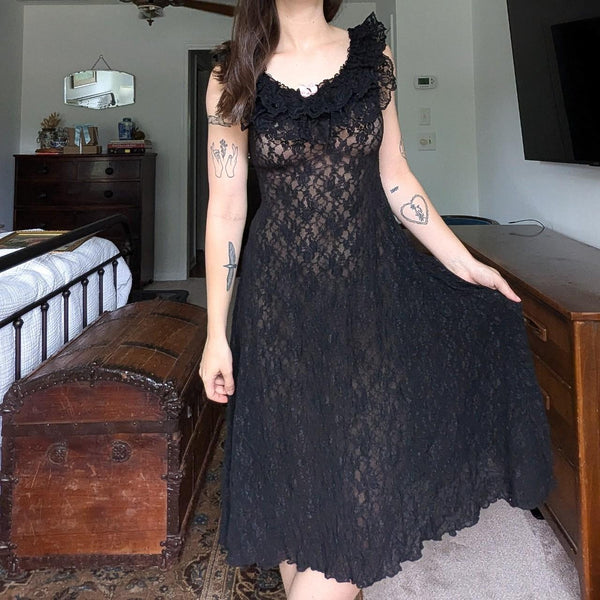 Vintage Black Lace Ruffle Fredericks of Hollywood Lingerie Slip Dress