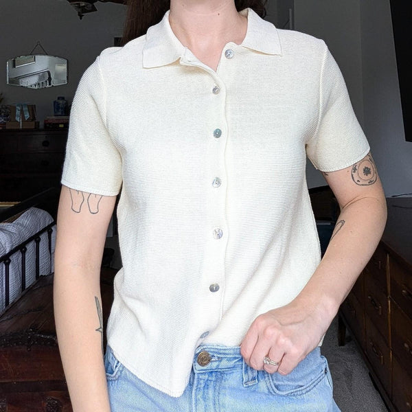 Vintage Cream Cotton Knit Lightweight Button Up Short Sleeve Blouse