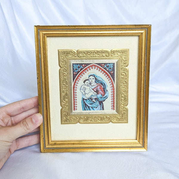 Vintage Gold Frame Religious Madonna with Child Small Hanging Wall Art