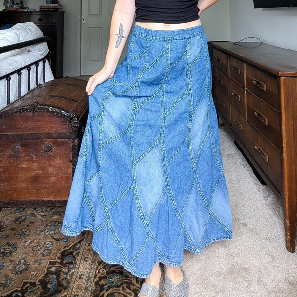 Vintage Studio West Apparel Patchwork Denim Chambray Long Skirt