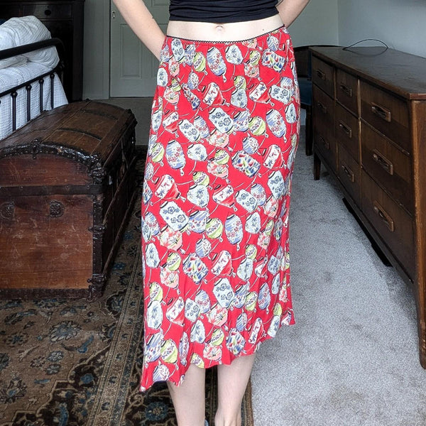 Vintage Y2K Intriguing Threads Red Lantern Print Midi Slip Skirt