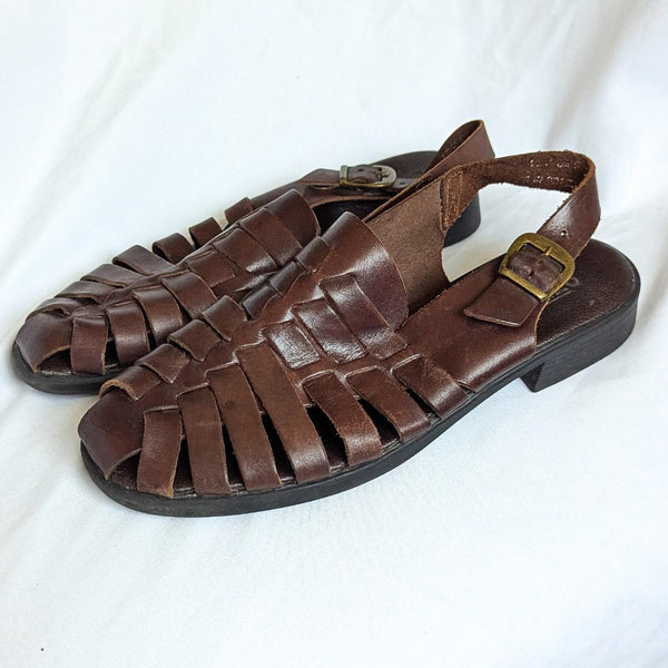 Vintage Women's Brown Leather Woven Fisherman Sandals