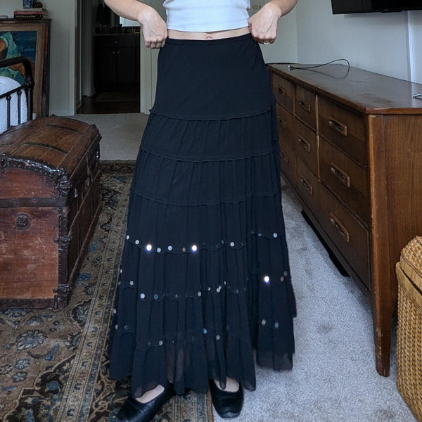 Vintage Y2K Black Sequin Tiered Maxi Skirt