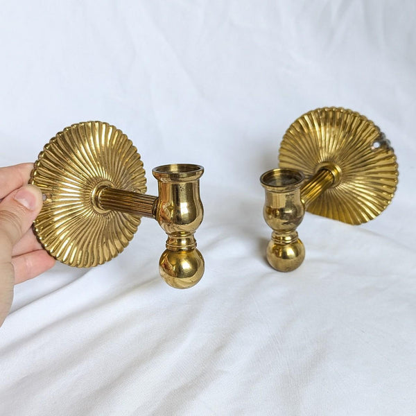 Vintage Pair Sunburst Circle Brass Wall Hanging Candlestick Holder Wall Sconces