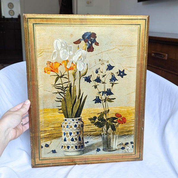 Vintage Italian Gilded Wood Painting Print Hanging Still Life Wall Art