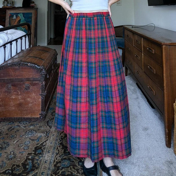 Vintage Red and Blue Pleated Plaid Maxi Skirt