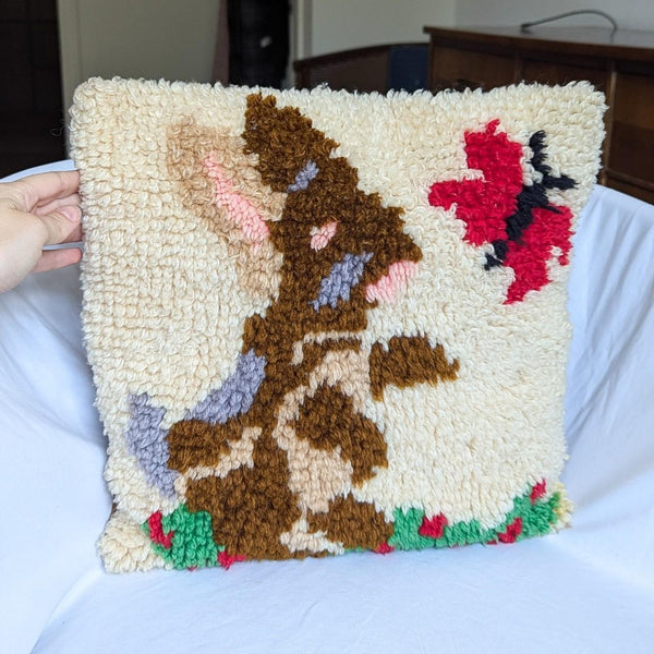 Vintage Latch Hook Woven Bunny Butterfly Kitchy Decor Pillow