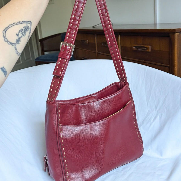 Vintage Nine West Dark Red Leather Stitch Detail Purse