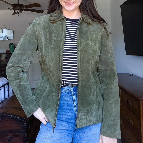 Vintage Siena Olive Green Suede Leather Zip Up Jacket