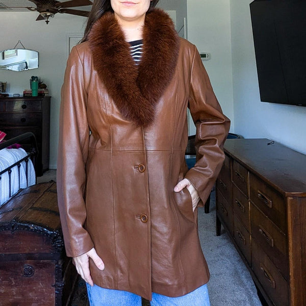 Vintage Brown Leather Fox Fur Trim Trench Coat