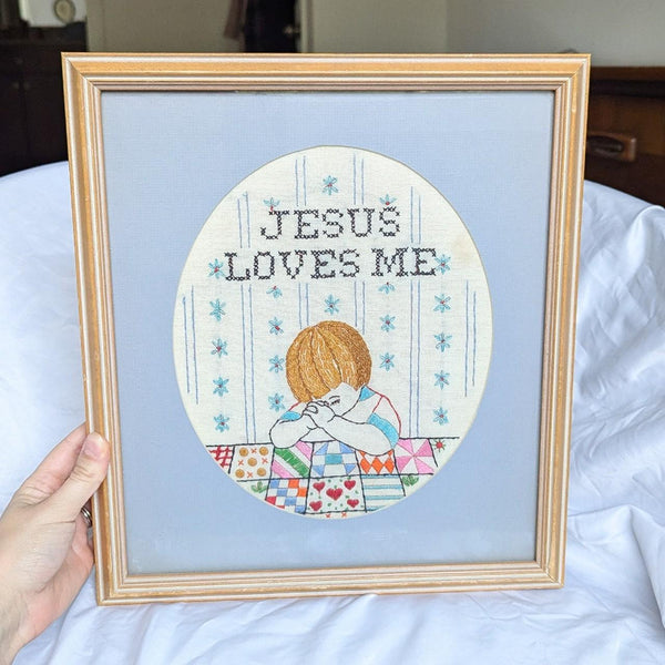 Vintage Jesus Loves Me Patchwork Embroidery Framed Wall Art