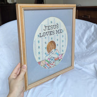 Vintage Jesus Loves Me Patchwork Embroidery Framed Wall Art