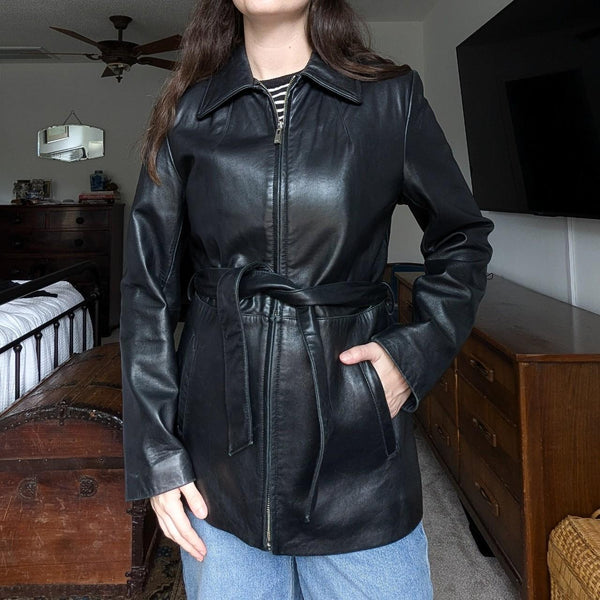 Vintage Y2K Nine West Black Leather Trench Style Jacket