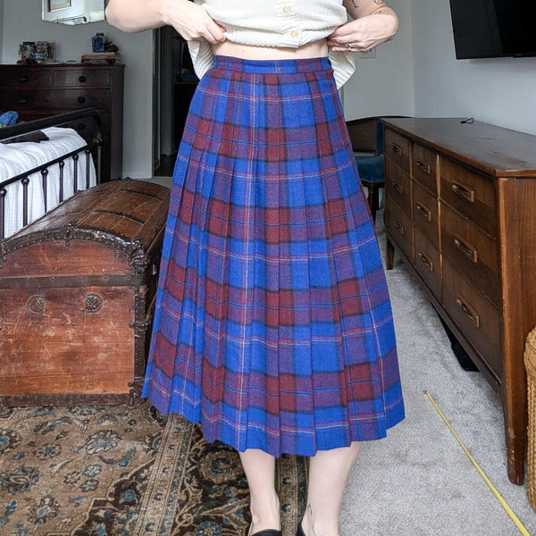 Vintage Ann Stevens Wool Blend Plaid Pleated Blue and Maroon Midi Skirt