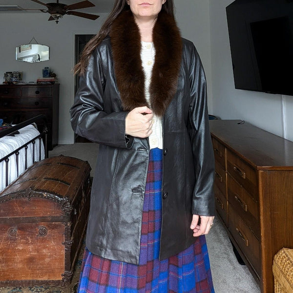 Vintage Black Leather Fox Fur Trim Trench Coat