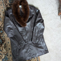 Vintage Black Leather Fox Fur Trim Trench Coat