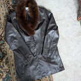 Vintage Black Leather Fox Fur Trim Trench Coat
