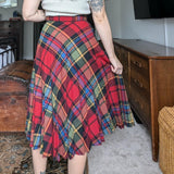 Vintage Wool Blend Red Plaid Pleated Midi Skirt