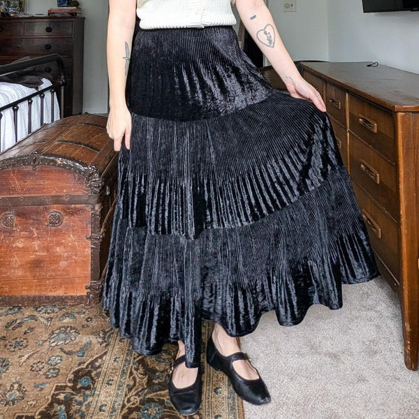 Vintage Black Pleated Velvet Maxi Skirt