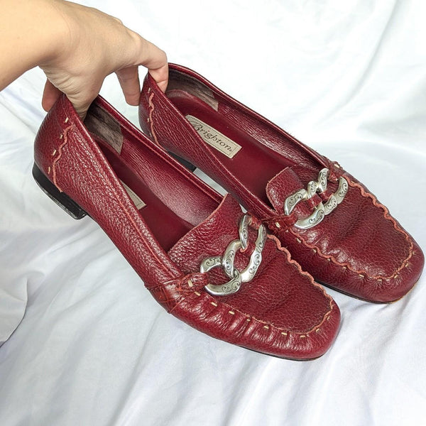 Vintage Brighton Red Leather Chunky Silver Chain Accent Loafers