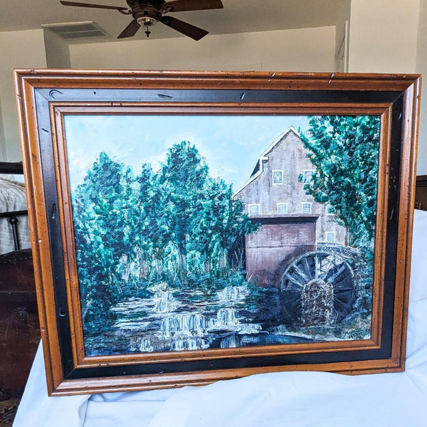 Vintage 80's Original Signed Large Framed Forest Mill Painting