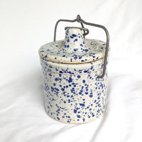 Vintage Blue and White Splatterware Swing Lid Stoneware Crock
