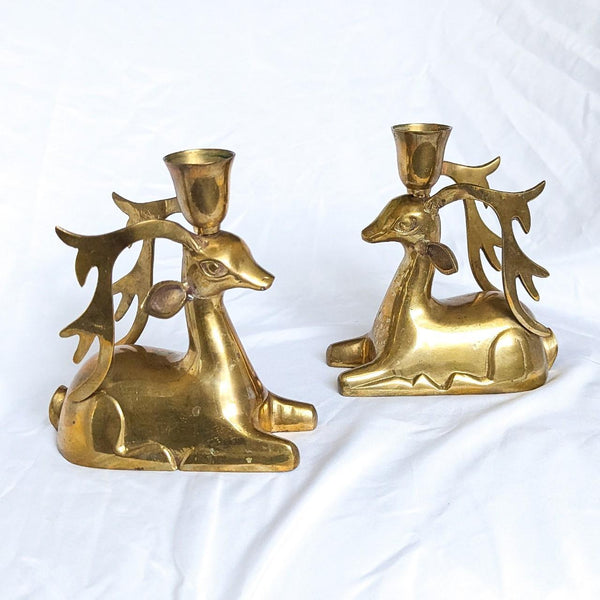 Pair of Vintage Heavy Brass Reindeer Candlestick Holders