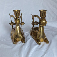 Pair of Vintage Heavy Brass Reindeer Candlestick Holders