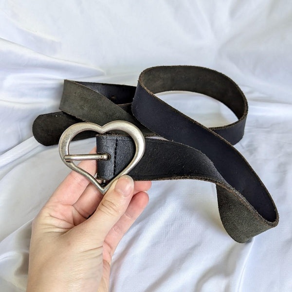 Vintage Black Leather Silver Heart Belt Buckle Belt