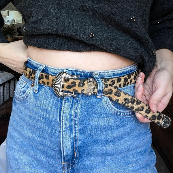 Vintage Cheetah Print Etched Silver Accent Belt