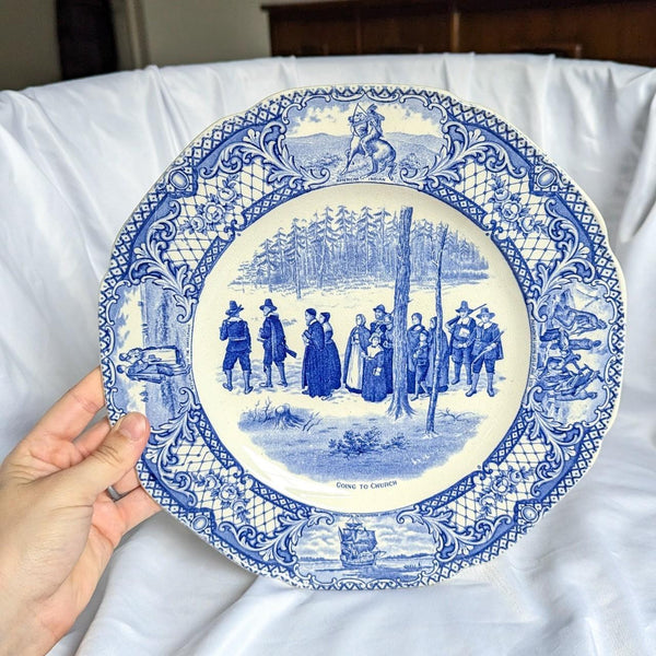 Vintage Crown Ducal Colonial Times Going to Church Blue & White 10.25" Plate