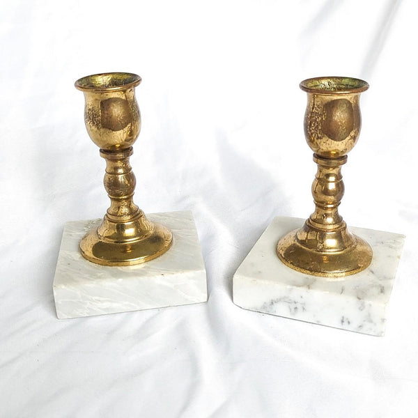 Vintage Pair of Brass and Marble Base Candlestick Holders