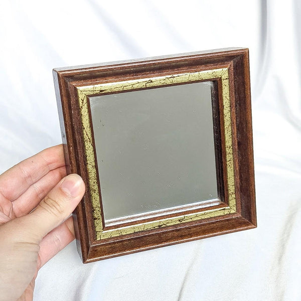 Vintage Wooden and Gold Detail Square Mini Hanging Wall Mirror