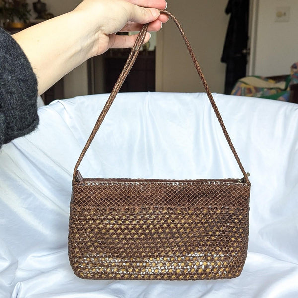 Vintage Y2K Brown Woven Leather Mini Shoulder Bag