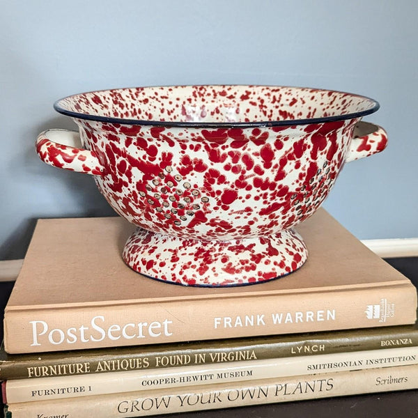 Vintage Red and White Enamel Splatterware Speckled Colander Strainer