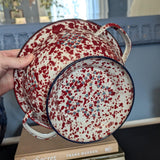 Vintage Red and White Enamel Splatterware Speckled Colander Strainer