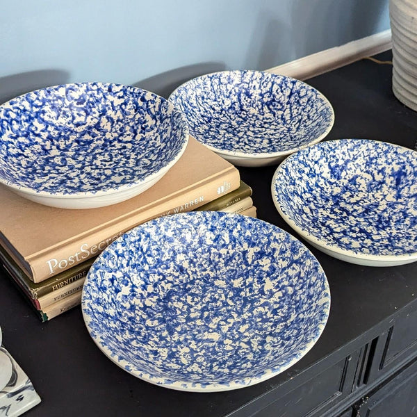 Set of 4 Vintage Blue Splatterware Shallow Ceramic Pasta Bowls