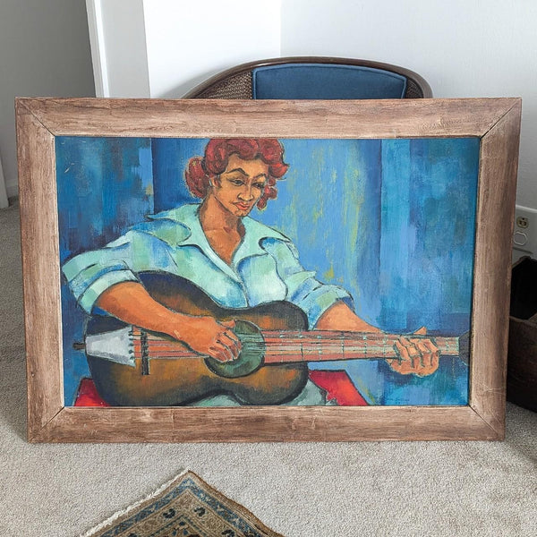 Vintage Signed 1958 Large Guitarist Framed Painting