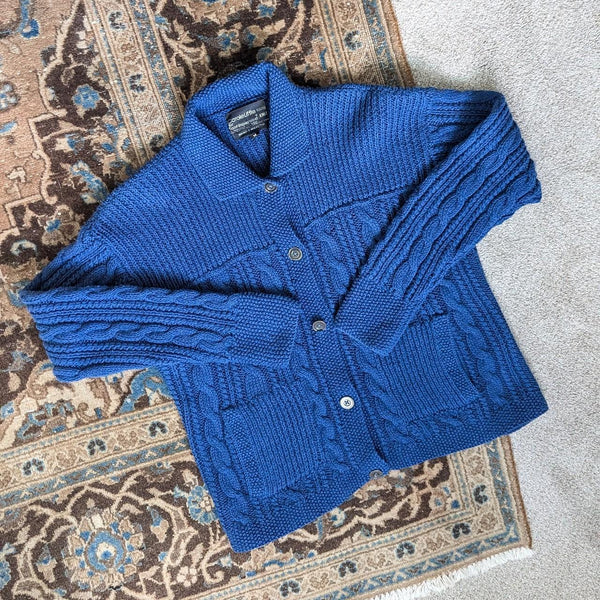 Vintage Hand Knit Saint Tropez West Cobalt Blue Collar Button Up Cardigan