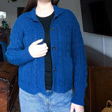 Vintage Hand Knit Saint Tropez West Cobalt Blue Collar Button Up Cardigan
