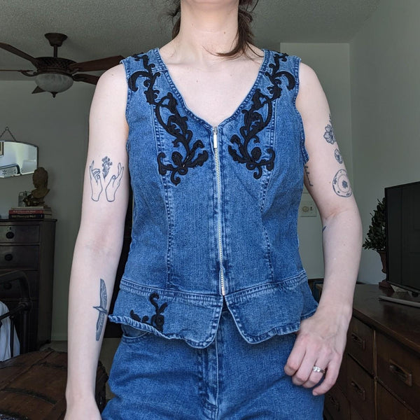 Vintage Y2K Embroidered Beaded Denim Vest and Jeans Set