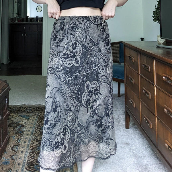 Y2K Vintage 100% Silk Black and Cream Lace Pattern Midi Skirt