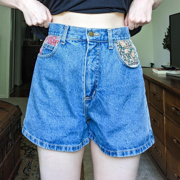 Paris Blues Vintage Paisley Patchwork Denim High Waisted Shorts