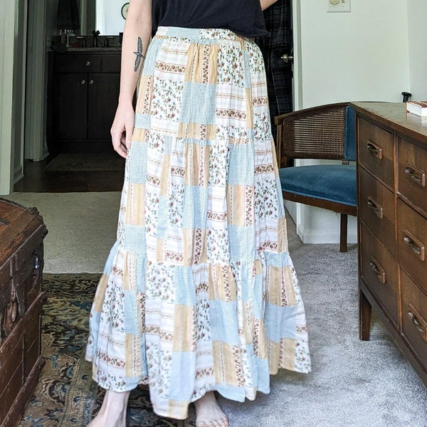 Vintage Reversible Floral Patchwork Tiered Maxi Skirt