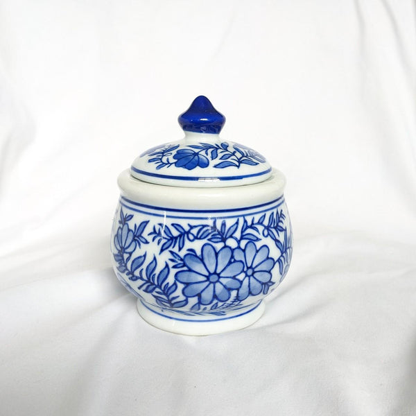 Blue and White Floral Chinoiserie Vintage Lidded Decorative Pot