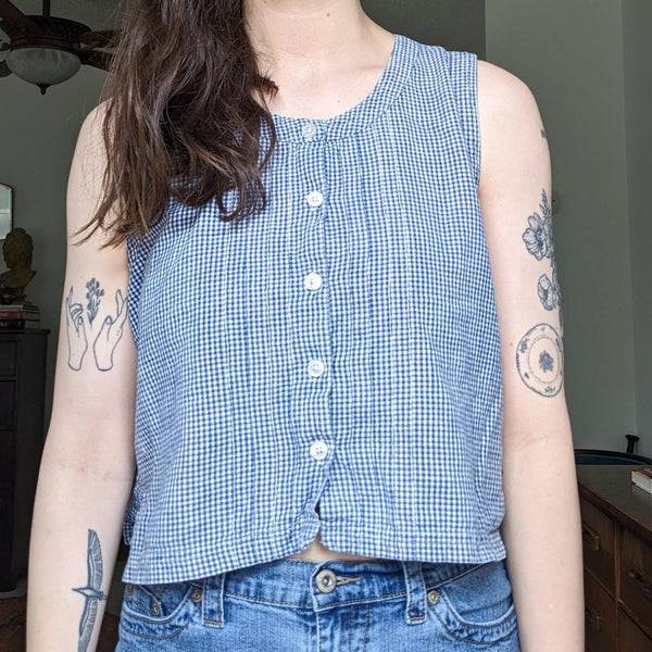 Vintage Beth & Me Blue and White Cotton Gingham Cropped Button Down Tank Top