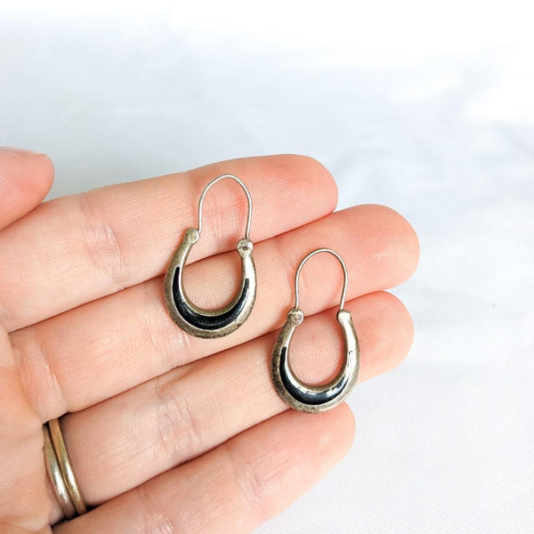 Sterling Silver Vintage Black Inlay Horseshoe Shape Dangle Earrings