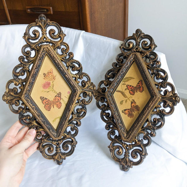 Pair of Vintage Scroll Framed Floral Butterfly Art Prints