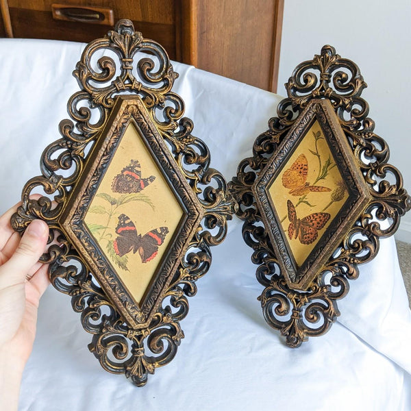 Pair of Vintage Scroll Framed Floral Butterfly Art Prints