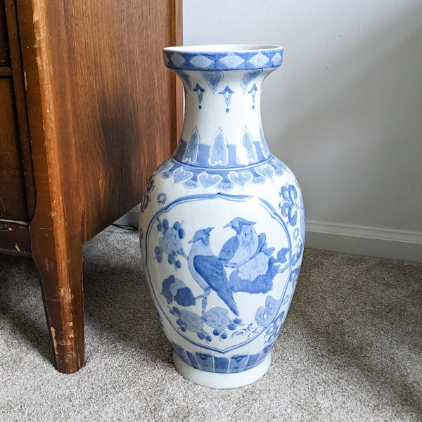 Chinoiserie Large Vintage Blue and White Floral Bird Decorative Vase